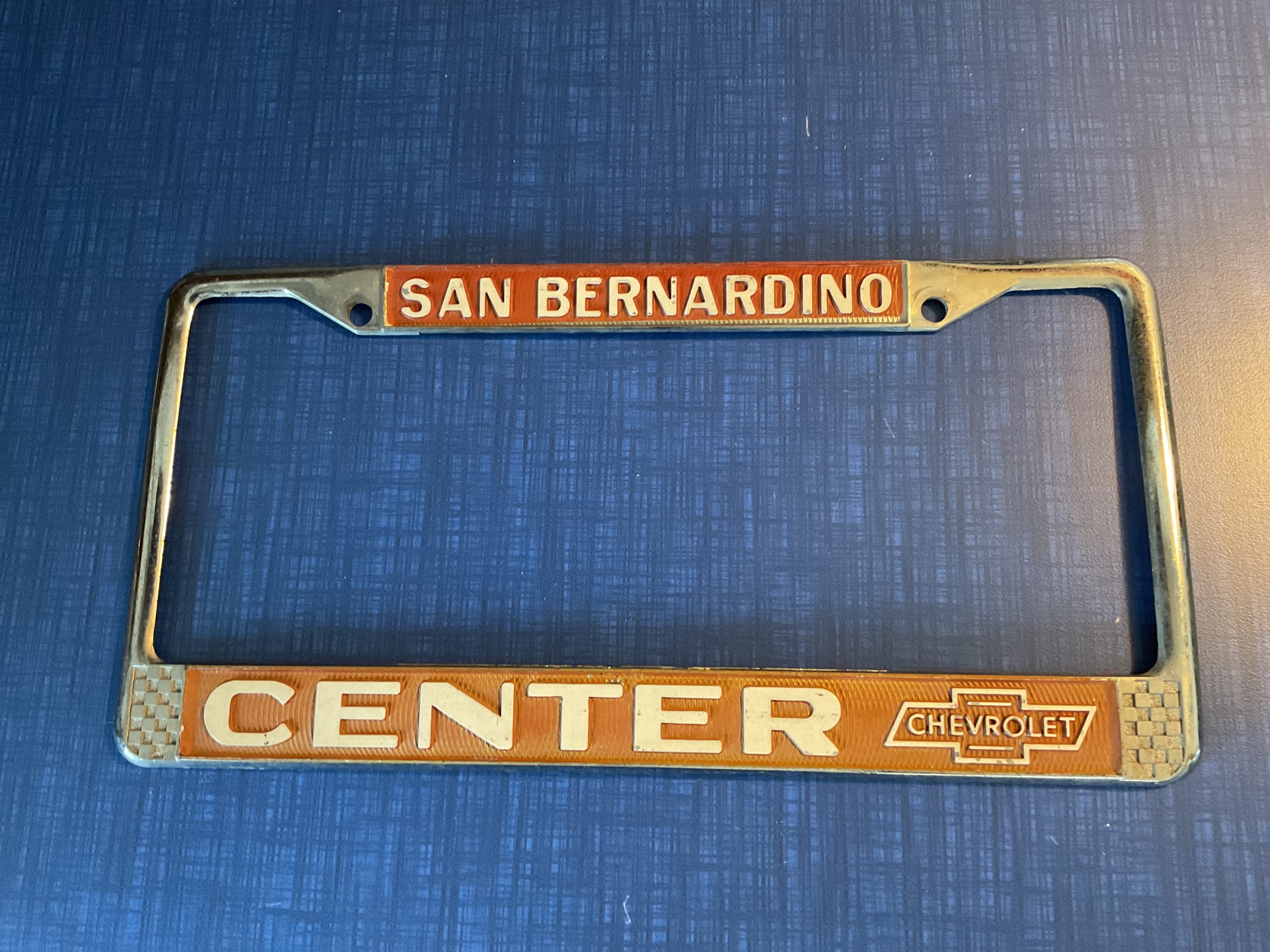 Vintage San Bernardino California Center Chevrolet Dealership License Plate Frame Oldsmobile